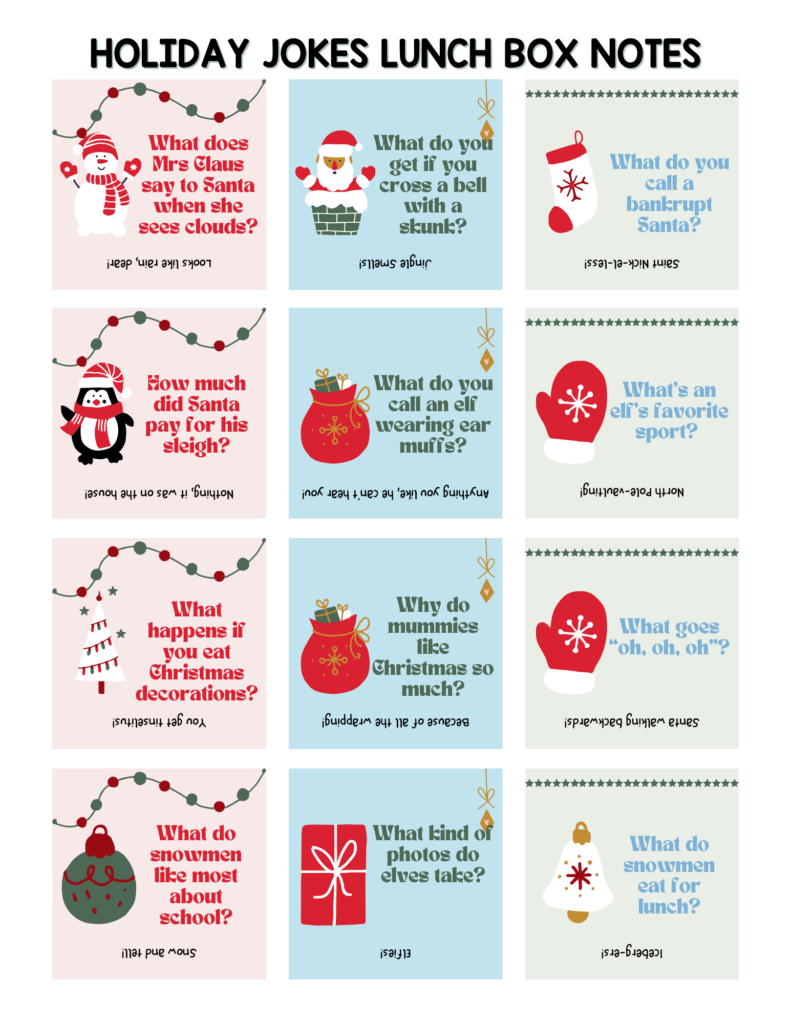 holiday jokes lunch box notes for kids (free printable)